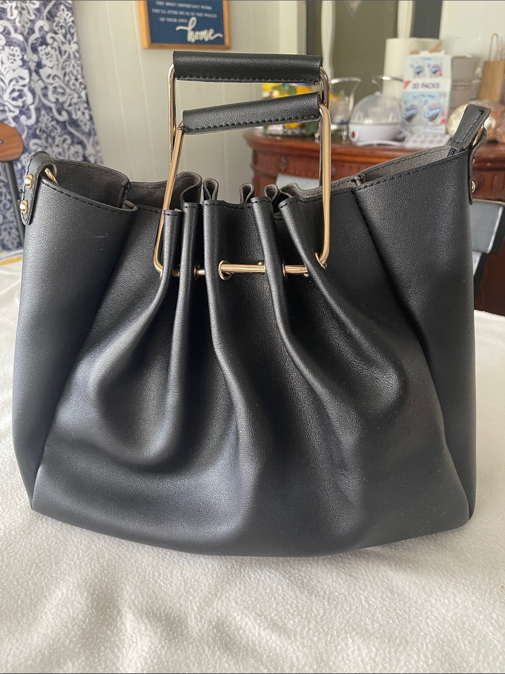 Structured Black Tote with Gold Accent Handles by
